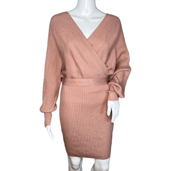 Love Tree Dress Womens‎ Medium Blush Pink Sweater Wrap Surplice Ribbed Cozy Knit - Picture 1 of 9